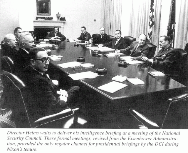 Whole Dude-Whole Spy: The National Security Council briefing by CIA Director Richard Helms. It must be noted that Dr. Henry Kissinger had used his position to undermine the importance of Central Intelligence Agency. Kissinger had also undermined the role of the Secretary of State before he became the Secretary of State. Kissinger's foreign policy initiatives are not based upon analysis of Intelligence.